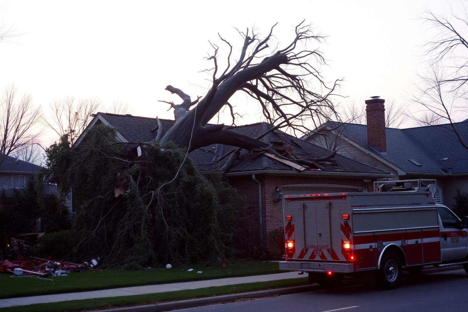 A fallen tree through the roof of a house at dawn, with a service truck arriving