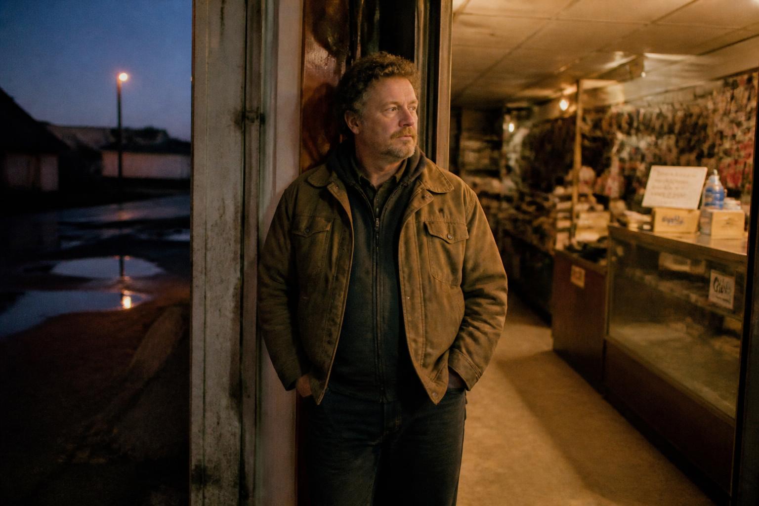 Dutch standing in a shop doorway at dusk
