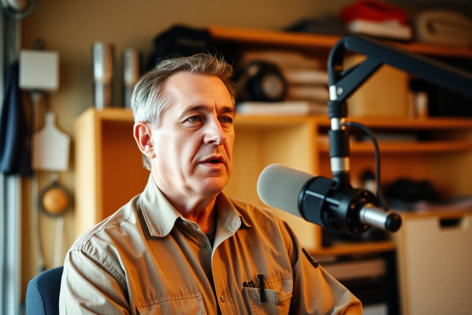 A home service business owner telling his story into a broadcast microphone