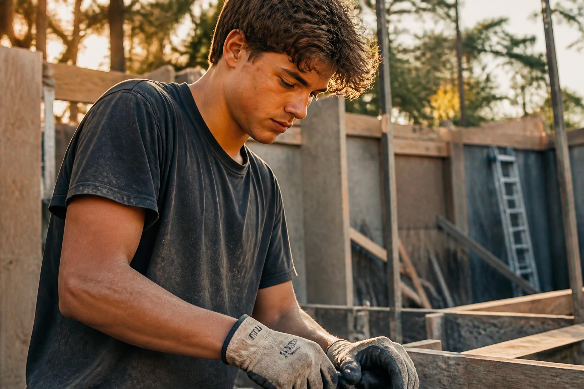 A young man working with his hands on an unfinished job site