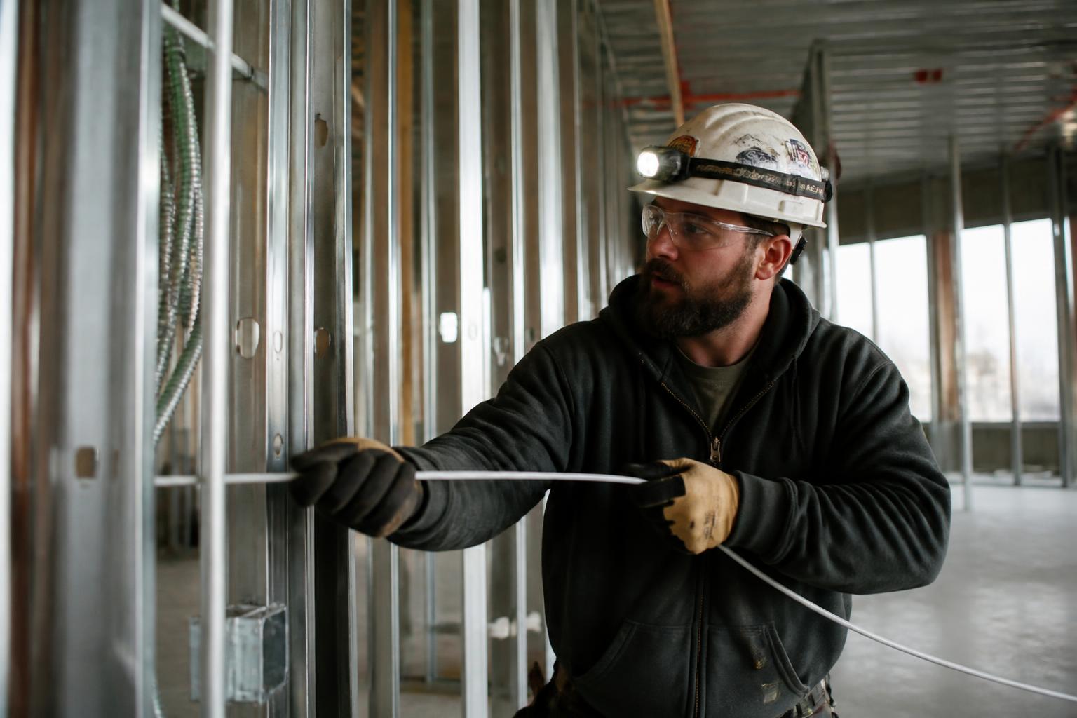An electrician pulling wire in an unfinished building